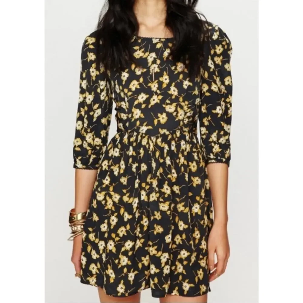 Free People Dress Women’s 0 Black Yellow Floral Mini Bohemian Feminine Boho